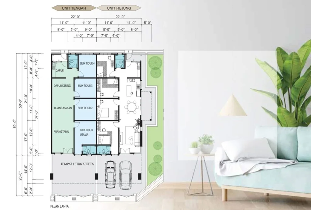 Floor plan of Taman Lapangan Harmoni Phase 4 single-storey terrace, 22x70ft, 4 bedrooms